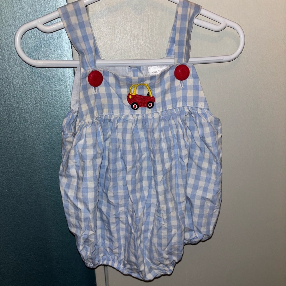 Blue Checkered Kids Bodysuit with Car Embroidery